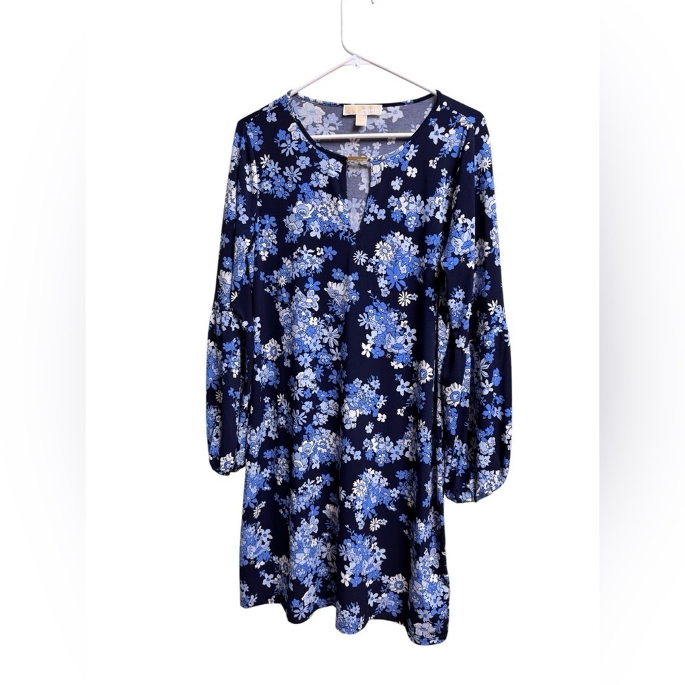 Michael Kors Blue Floral Bell Sleeve Tunic Dress Size Large